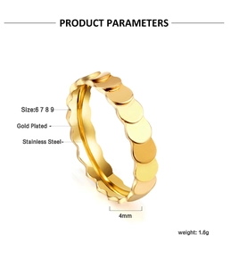 Detail view of 4mm gold plated stainless steel ring with wave texture showing size options