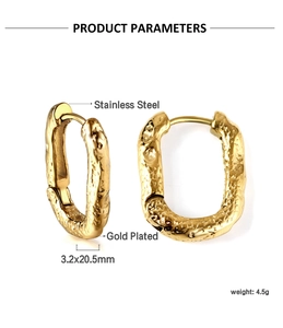 Detail of gold plated stainless steel earrings showing dimensions and hammered texture
