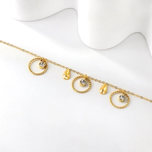 Elegant gold stainless steel anklet with twisted circle, water drop charm and crystal
