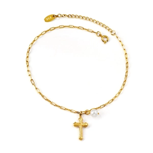 Elegant 18K gold plated anklet with cross pendant and pearl on white background