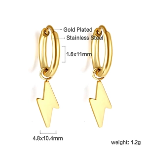 Gold plated stainless steel hoop earrings featuring minimalist lightning bolt charms