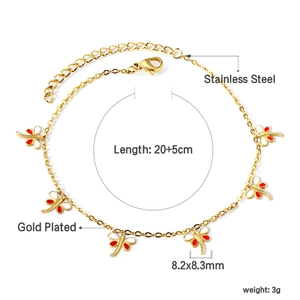 18k gold plated stainless steel anklet featuring colorful dragonfly enamel charms