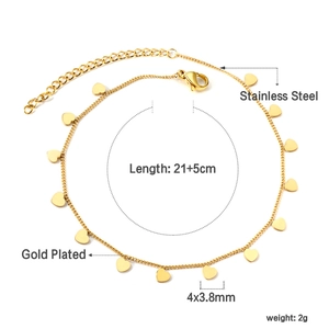 Detail of 18K gold plated stainless steel anklet with dangling heart charms and extender