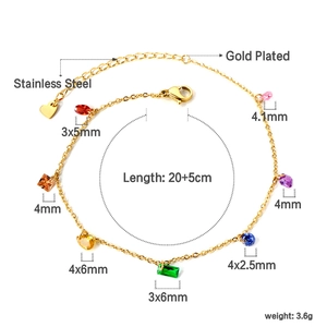 Bracelet de cheville en acier inoxydable plaqué or avec pierres colorées et cœur