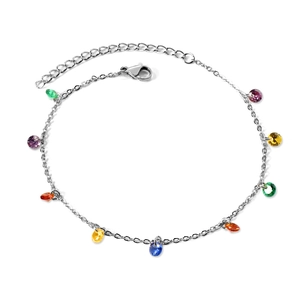 Bracelet de cheville argenté avec cristaux colorés géométriques et fermoir mousqueton réglable