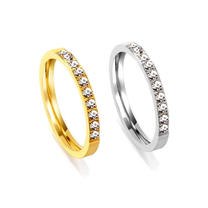Minimalist stainless steel rings with row-set zircons in gold and silver finishes