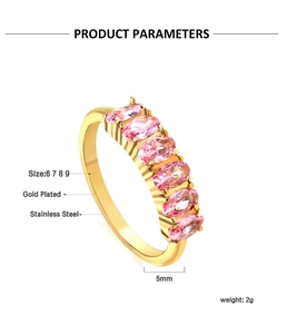 Detail view of 18k gold plated ring with five pink oval gemstones and size chart info