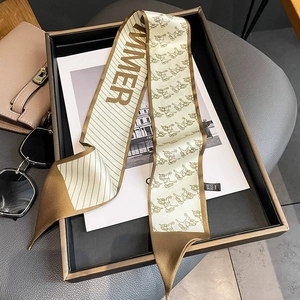 Chic beige and brown horse print narrow silk scarf with SUMMER lettering for hair or neck