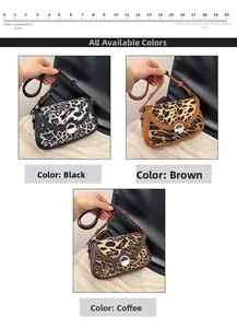 Three leopard print saddle bags in black, brown and coffee brown with metal buckles