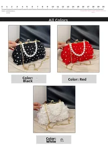 Détails du sac de soirée à fleurs en noir rouge et blanc avec poignée de perles