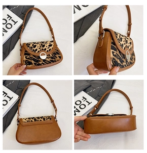 Multiple views showing leopard print saddle bag details with silver buckle and leather strap