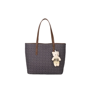 Large capacity vintage tote bag with letter print and brown handles plus bear pendant
