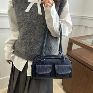 Retro navy blue faux crocodile shoulder bag with front pockets for academic style fashion