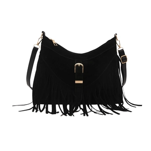 Vintage bohemian black fringe shoulder bag with matte texture and golden buckle strap