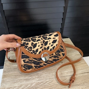 Leopard Print Saddle Bag PU Leather Fabric Patchwork Crossbody Underarm Handbag Retro Fashion Women Adjustable Strap