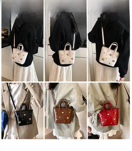 Collage of mini heart tote bags in beige, black, brown, and red colors with crossbody straps