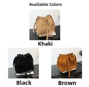 Detail of bohemian drawstring bucket bag featuring dense double-layered long tassels and suede texture