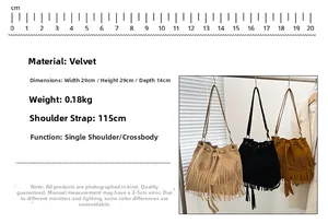 Three colors of velvet fringe bucket bags with dimensions and strap length details