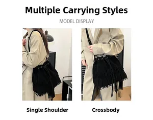 Detailed view of black fringe bucket bag shown in shoulder and crossbody styling modes