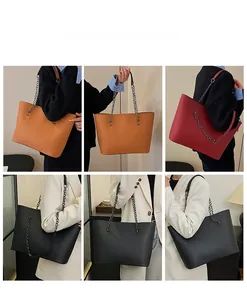 Detailed views of large tote bags in brown, red, and black with metal chain straps