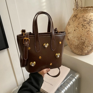 Women PU Leather Bucket Bag Handbag Trendy Heart Rhinestone Rivet Decor Crossbody Shoulder Purse Sweet Retro Style