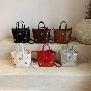 Chic rhinestone bucket bags in six colors with heart buckle and metal studs