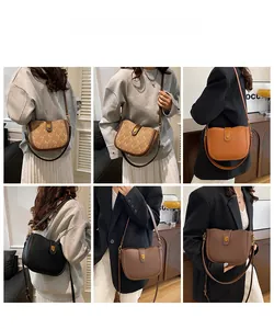 Collage of four vintage saddle bags in brown and black with gold metal buckles and straps