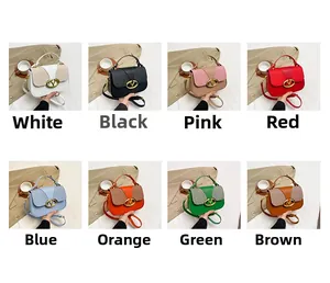 Grid display of multi-color PU leather crossbody bags with metal V logo and top handle