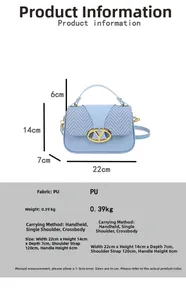 Detail showing dimensions and woven blue and white texture on the stylish crossbody bag