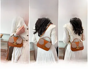 Detailed views of woman carrying the contrast stitch crossbody bag in three different ways