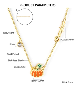 Detail of pumpkin pendant necklace with dimensions and polished stainless steel chain