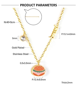 Detailed specs of a gold-plated stainless steel burger and bread pendant necklace