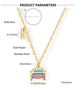 Detail showing gold-plated taxi tag and colorful car charm on stainless steel necklace