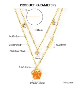 Detailed size specifications for gold plated cupcake necklace with bread letter charm