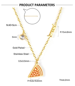 Detailed view of gold plated stainless steel pizza pendant with bread tag and crystal