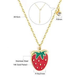 Detail of strawberry pendant necklace in gold plated stainless steel with size specs