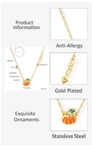 Detailed view of golden pumpkin pendant necklace with orange enamel and size dimensions