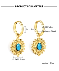 Produktdetails der vergoldeten Edelstahl-Ohrringe mit blauem Türkis und Sonnenmuster