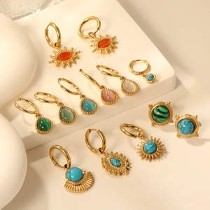 Vintage Böhmisch Gold Vergoldet Edelstahl Creolen Mit Blauem Türkis Eingelegt Geometrische Sonne Tropfen Fächerform Damen Ethnisch Schmuck Geschenk