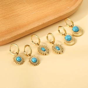 Retro 18K vergoldetes Ohrring-Set mit blauem Türkis in Sonnen- und Muschel-Geometrie
