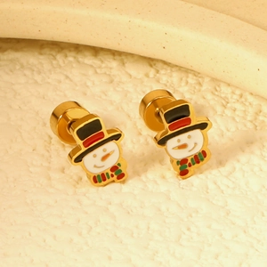 Snowman Stud Earrings Gold Plated Stainless Steel Enamel Christmas Holiday Jewelry With Twist Back For Women