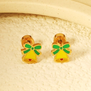 Boucles d'oreilles cloches de Noël avec nœud vert et émail jaune en acier inoxydable