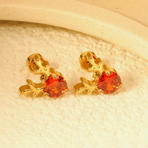 Golden reindeer stud earrings with a faceted round red stone for Christmas festive wear