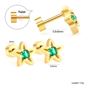 Star shaped gold stainless steel stud earrings with green zircon and screw back closure