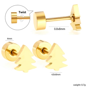 Minimalist gold Christmas tree stud earrings with threaded backings and size dimensions