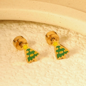 Boucles d'oreilles festives sapin de Noël en émail vert et étoile jaune dorée