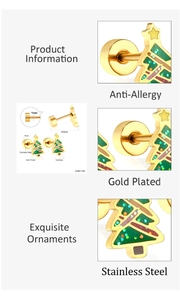 Detail of gold plated stainless steel Christmas tree studs with green enamel and glitter