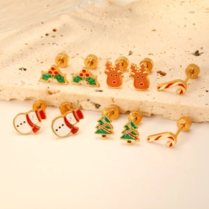 Christmas Stud Earrings For Women Stainless Steel Gold Plated Enamel Santa Reindeer Snowflake Screw Back Holiday Jewelry