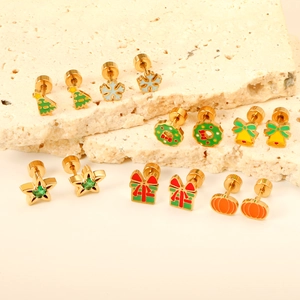 Boucles D'oreilles Noël Acier Inoxydable Plaqué Or Émail Dos À Vis Arbre Cloche Flocon De Neige Étoile Pour Femmes