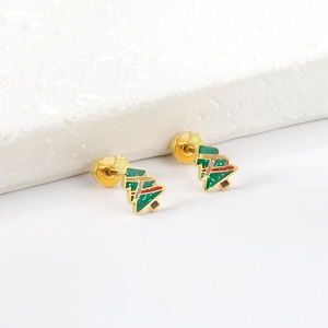 Christmas tree stud earrings in gold stainless steel with green enamel and star detail